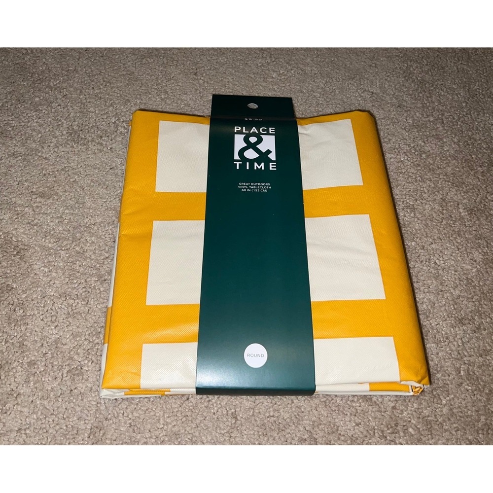 New place & time Great outdoor vinyl tablecloth round yellow plaid 60" inches